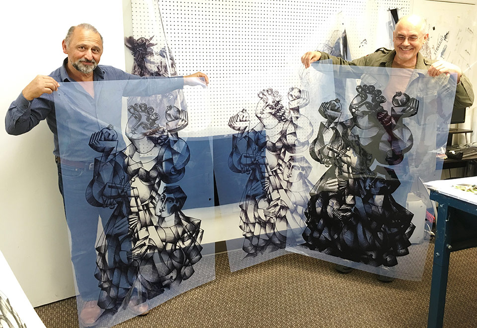 Yuroz at Kolibri Studios during printing process for Dance with the Pomegranates